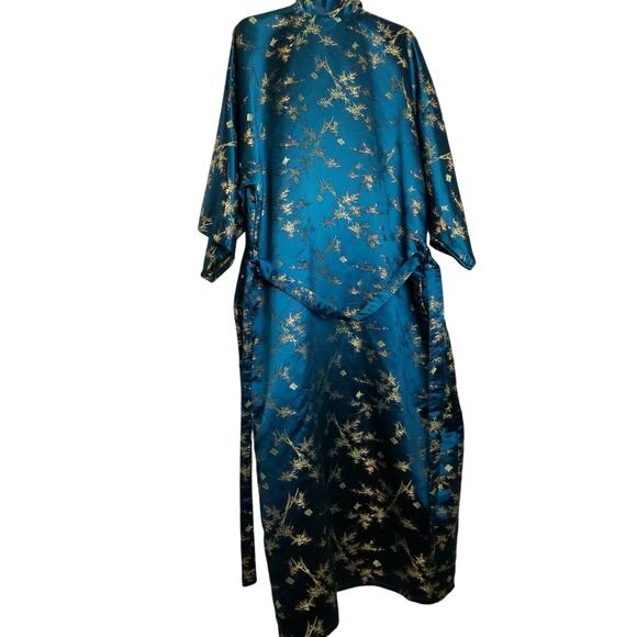 Old Shanghai VTG Asian Blue Gold Kimono Robe 3/4 Sleeves Pockets One Size - Picture 3 of 8